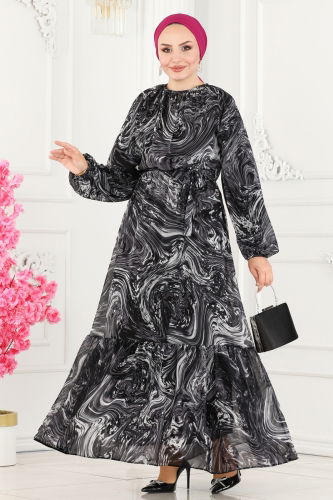 moda selvim Wave Pattern Chiffon Dress 6094BSK463 Black - Thumbnail