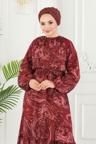 moda selvim Wave Pattern Chiffon Dress 6094BSK463 Burgundy - Thumbnail