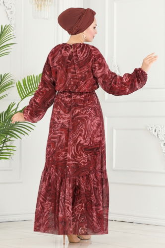 moda selvim Wave Pattern Chiffon Dress 6094BSK463 Burgundy - Thumbnail