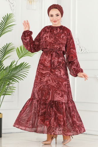 moda selvim Wave Pattern Chiffon Dress 6094BSK463 Burgundy - Thumbnail