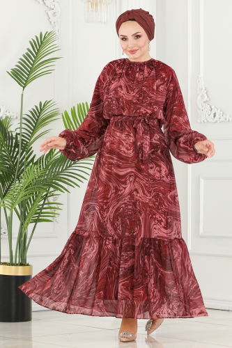 moda selvim Wave Pattern Chiffon Dress 6094BSK463 Burgundy - Thumbnail