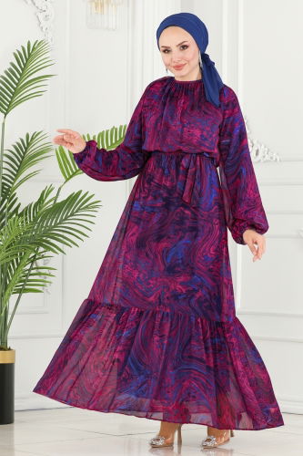 moda selvim Wave Pattern Chiffon Dress 6094BSK463 Fuchsia&Sax - Thumbnail