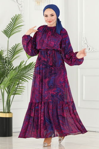 moda selvim Wave Pattern Chiffon Dress 6094BSK463 Fuchsia&Sax - Thumbnail