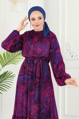 moda selvim Wave Pattern Chiffon Dress 6094BSK463 Fuchsia&Sax - Thumbnail