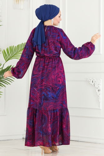 moda selvim Wave Pattern Chiffon Dress 6094BSK463 Fuchsia&Sax - Thumbnail