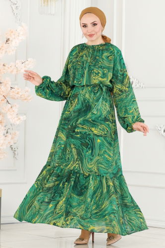 moda selvim Wave Pattern Chiffon Dress 6094BSK463 Green - Thumbnail