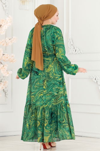 moda selvim Wave Pattern Chiffon Dress 6094BSK463 Green - Thumbnail