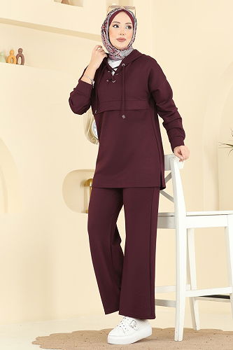 moda selvim Yaka Bağcıklı Modal Takım 2749AYD574 Bordo - Thumbnail