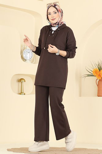 moda selvim Yaka Bağcıklı Modal Takım 2749AYD574 Kahve - Thumbnail