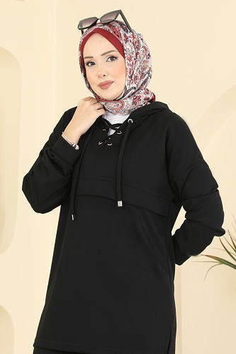 moda selvim Yaka Bağcıklı Modal Takım 2749AYD574 Siyah - Thumbnail