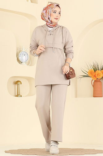 moda selvim Yaka Bağcıklı Modal Takım 2749AYD574 Taş - Thumbnail