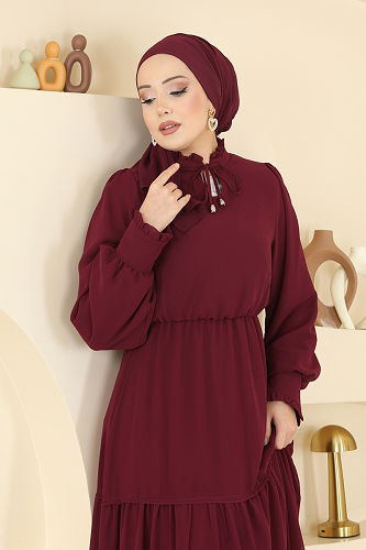 moda selvim Yaka Bağcıklı Şifon Elbise 6268BSK463 Bordo - Thumbnail