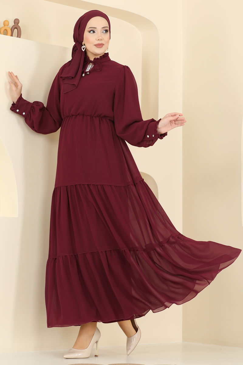 Yaka Bağcıklı Şifon Elbise 6268BSK463 Bordo
