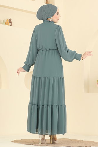 moda selvim Yaka Bağcıklı Şifon Elbise 6268BSK463 Koyu Mint - Thumbnail