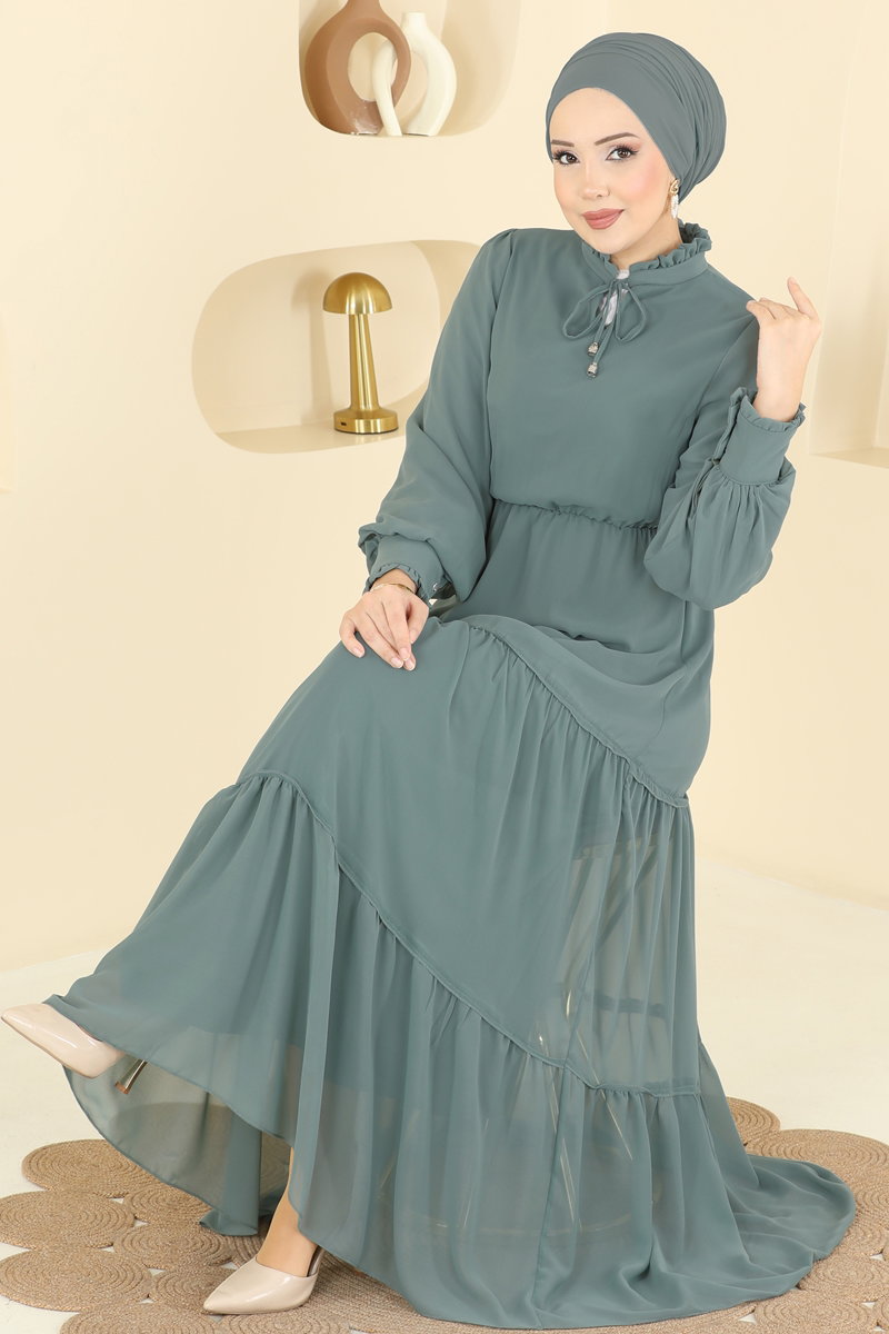 Yaka Bağcıklı Şifon Elbise 6268BSK463 Koyu Mint