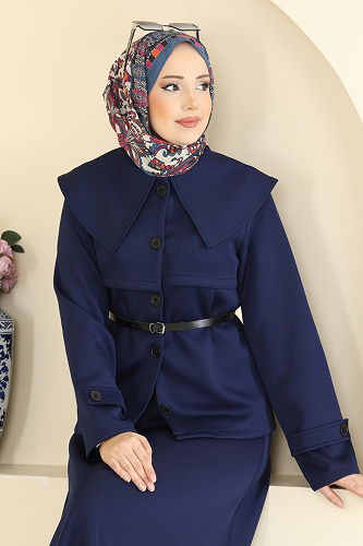 moda selvim Yaka Detaylı Scuba Takım 8021TEG847 Laci - Thumbnail