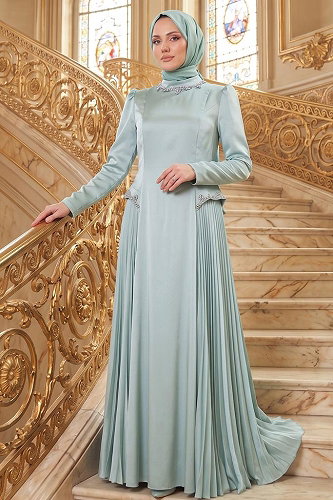 moda selvim Yaka Ve Beli Taşlı Abiye 145DMNK1166 Mint - Thumbnail