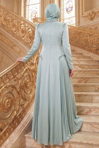 moda selvim Yaka Ve Beli Taşlı Abiye 145DMNK1166 Mint - Thumbnail