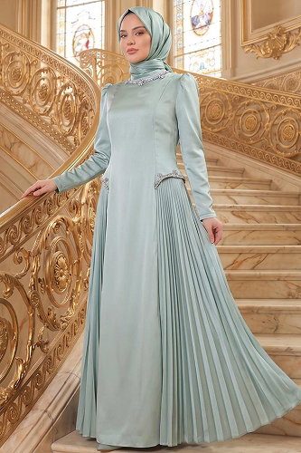 moda selvim Yaka Ve Beli Taşlı Abiye 145DMNK1166 Mint - Thumbnail