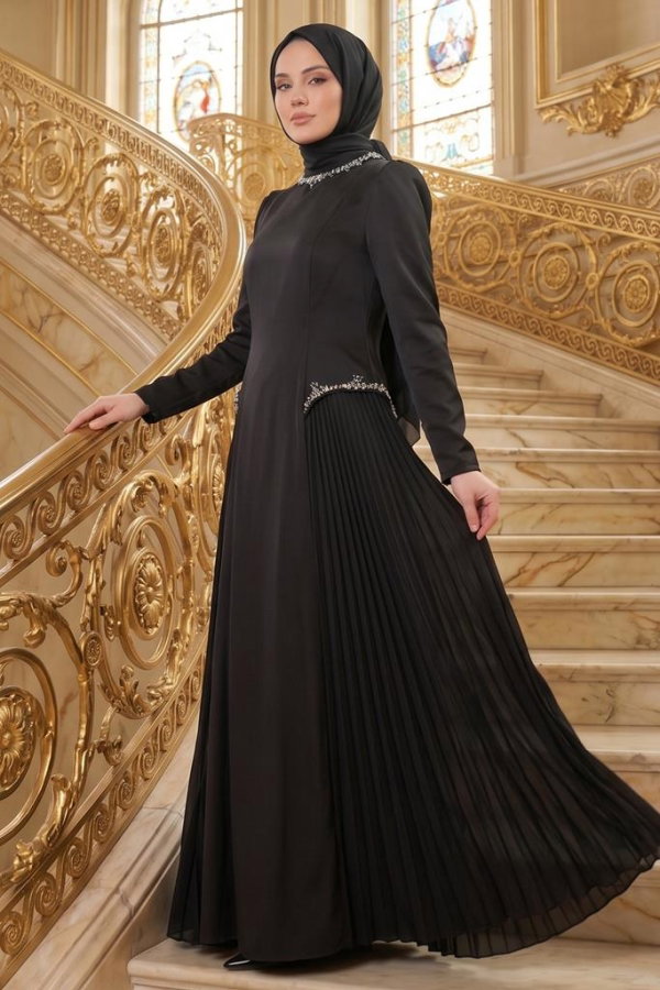 Modaselvim ABİYE Yaka Ve Beli Taşlı Abiye 145DMNK1166 Siyah