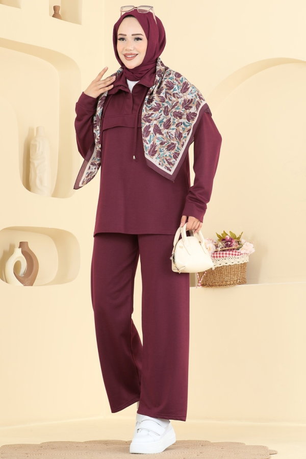 Modaselvim Kombin Yakası Bağcık Detaylı 2 li Takım PL9256 Bordo