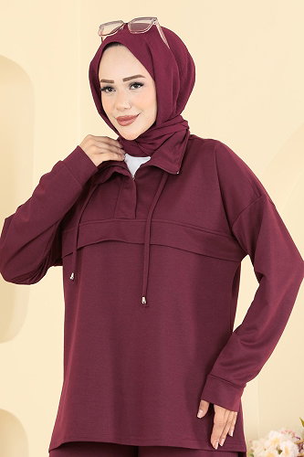 moda selvim Yakası Bağcık Detaylı 2 li Takım PL9256 Bordo - Thumbnail