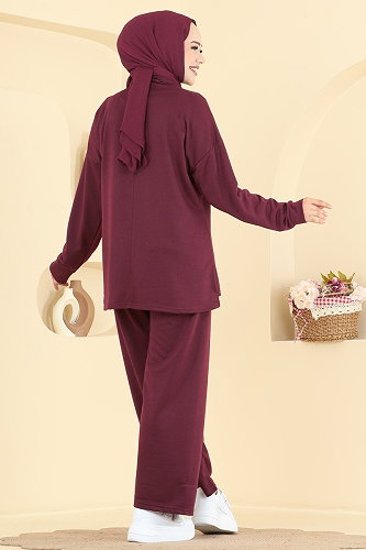 moda selvim Yakası Bağcık Detaylı 2 li Takım PL9256 Bordo - Thumbnail