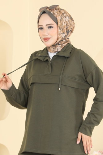 P.L. - Yakası Bağcık Detaylı 2 li Takım PL9256 Haki