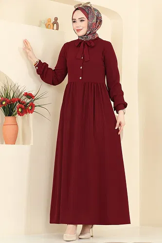 moda selvim Yakası Bağcık Detaylı Elbise 5009BM387 Bordo - Thumbnail