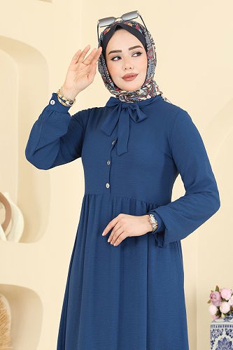 moda selvim Yakası Bağcık Detaylı Elbise 5009BM387 İndigo - Thumbnail