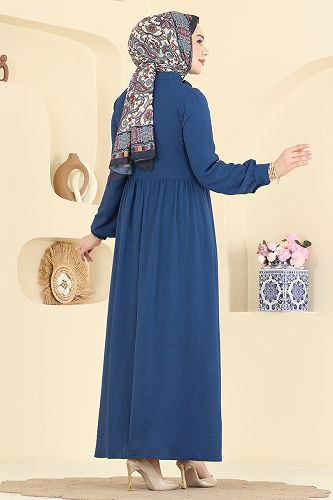 moda selvim Yakası Bağcık Detaylı Elbise 5009BM387 İndigo - Thumbnail