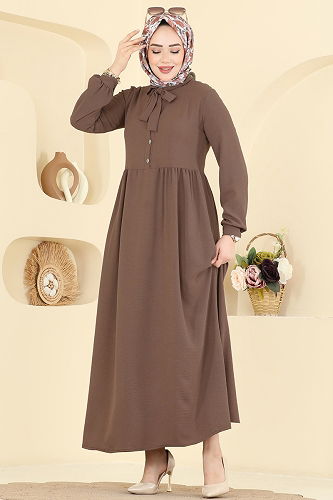 moda selvim Yakası Bağcık Detaylı Elbise 5009BM387 Koyu Vizyon - Thumbnail