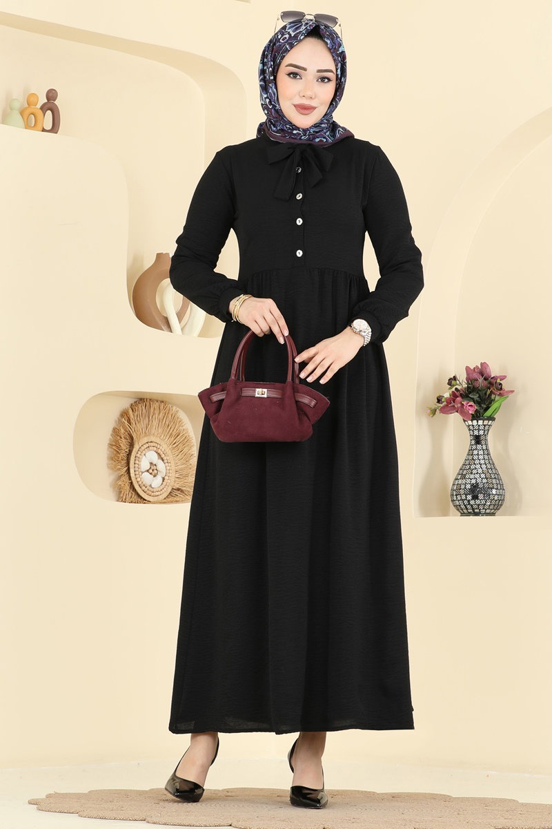 Yakası Bağcık Detaylı Elbise 5009BM387 Siyah