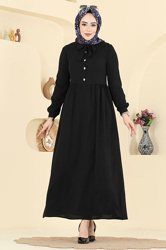 moda selvim Yakası Bağcık Detaylı Elbise 5009BM387 Siyah - Thumbnail
