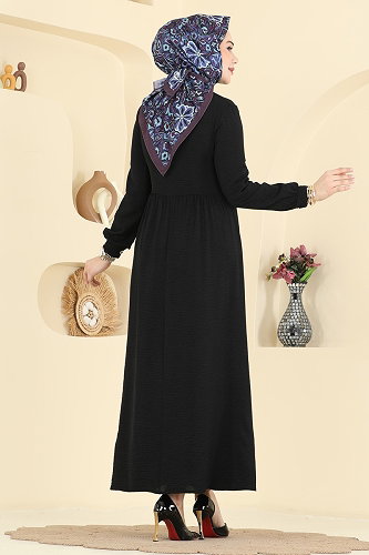 moda selvim Yakası Bağcık Detaylı Elbise 5009BM387 Siyah - Thumbnail