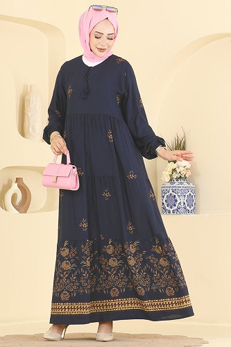 moda selvim Yakası Bağcıklı Çiçekli Elbise 4073ZNNK1102 Laci - Thumbnail