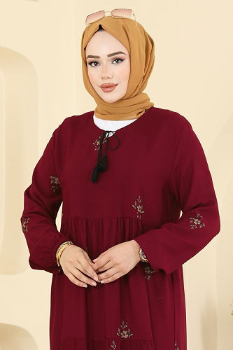 moda selvim Yakası Bağcıklı Desenli Elbise 5012ERK1158 Bordo - Thumbnail