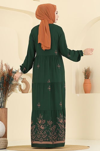 moda selvim Yakası Bağcıklı Desenli Elbise 5012ERK1158 Zümrüt - Thumbnail