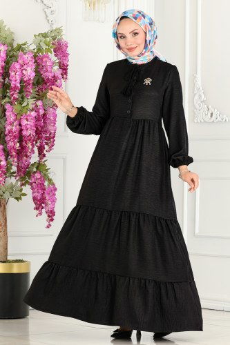 D.V.L. - Yakası Bağcıklı Elbise 256DVL817 Siyah