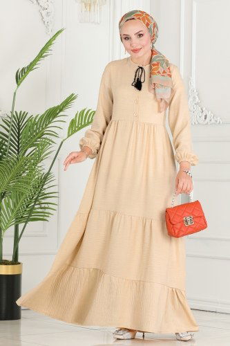 moda selvim Yakası Bağcıklı Elbise 256DVL817 Taş - Thumbnail