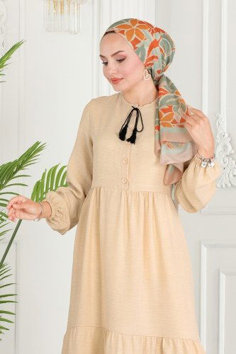 moda selvim Yakası Bağcıklı Elbise 256DVL817 Taş - Thumbnail