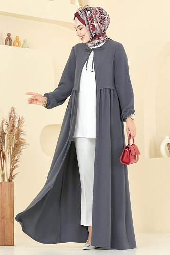 moda selvim Yakası Bağcıklı Krep Ferace 0050BG354 Antrasit - Thumbnail