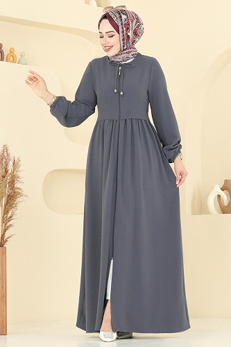 moda selvim Yakası Bağcıklı Krep Ferace 0050BG354 Antrasit - Thumbnail