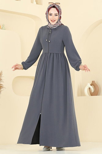 moda selvim Yakası Bağcıklı Krep Ferace 0050BG354 Antrasit - Thumbnail