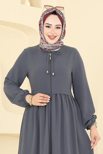 moda selvim Yakası Bağcıklı Krep Ferace 0050BG354 Antrasit - Thumbnail