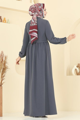 moda selvim Yakası Bağcıklı Krep Ferace 0050BG354 Antrasit - Thumbnail