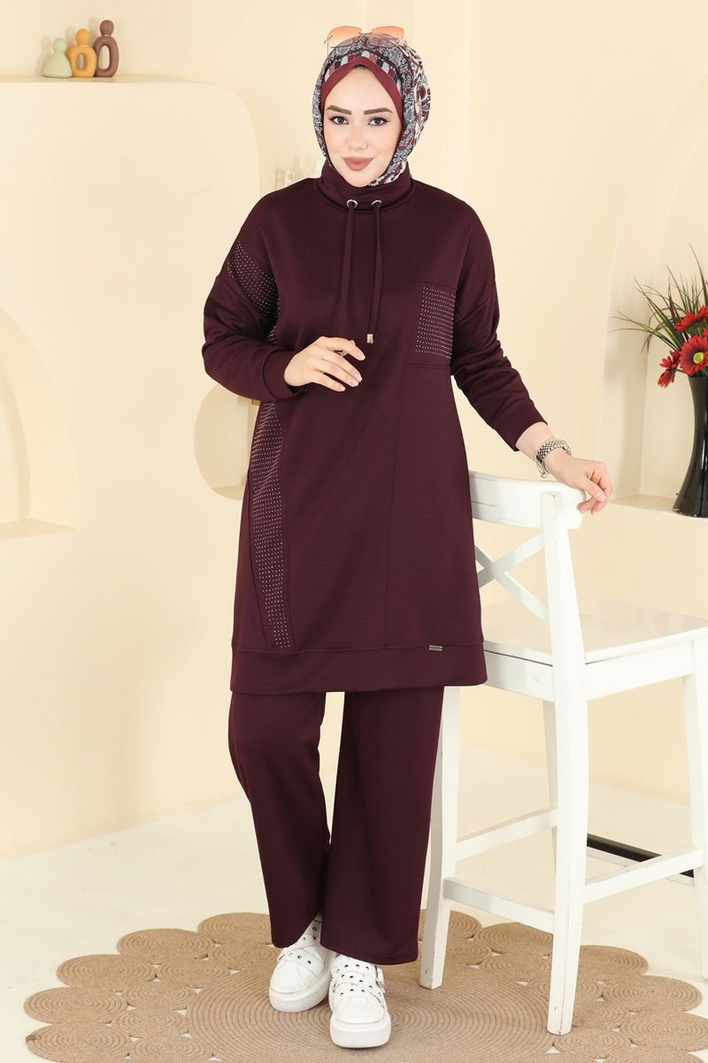 Yakası Bağcıklı Modal Takım 2786AYD574 Bordo