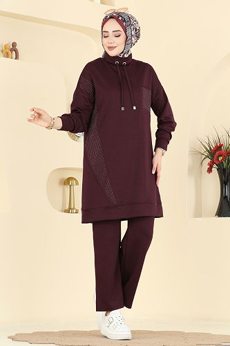 moda selvim Yakası Bağcıklı Modal Takım 2786AYD574 Bordo - Thumbnail