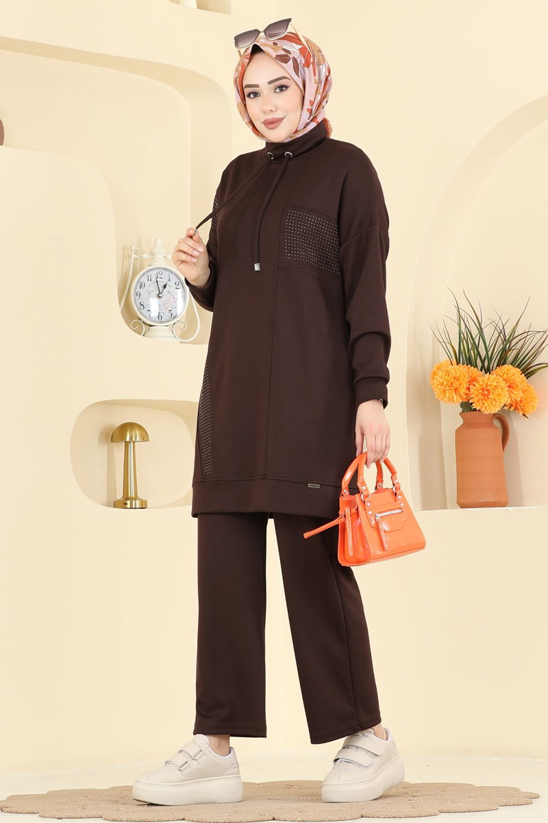 【新品】SISANDI size2（M）SET Yakası Bağcıklı Modal Takım 2786AYD574 Kahve - Moda Selvim