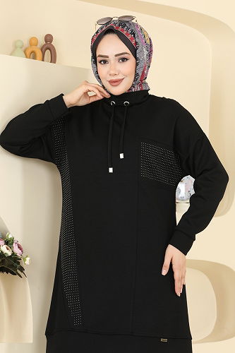 moda selvim Yakası Bağcıklı Modal Takım 2786AYD574 Siyah - Thumbnail